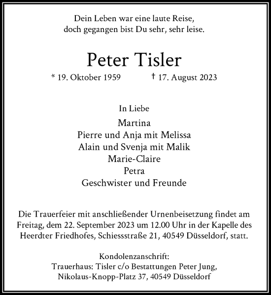Traueranzeige von Peter Tisler von Rheinische Post