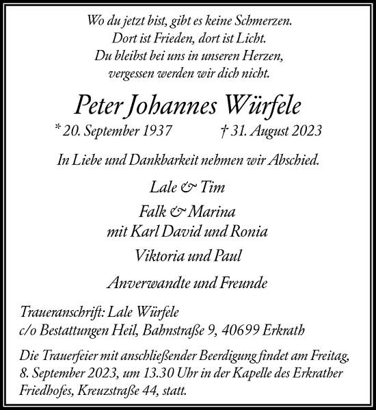 Traueranzeige von Peter Johannes Würfele von Rheinische Post