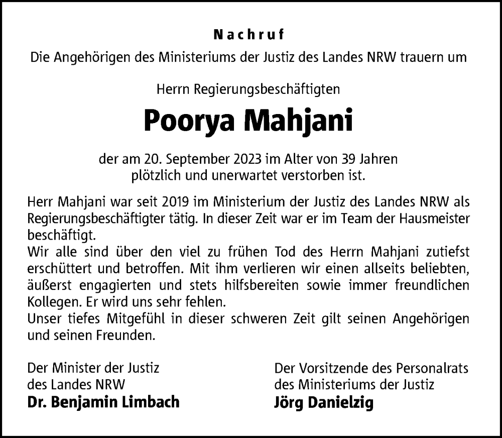  Traueranzeige für Poorya Mahjani vom 30.09.2023 aus Rheinische Post