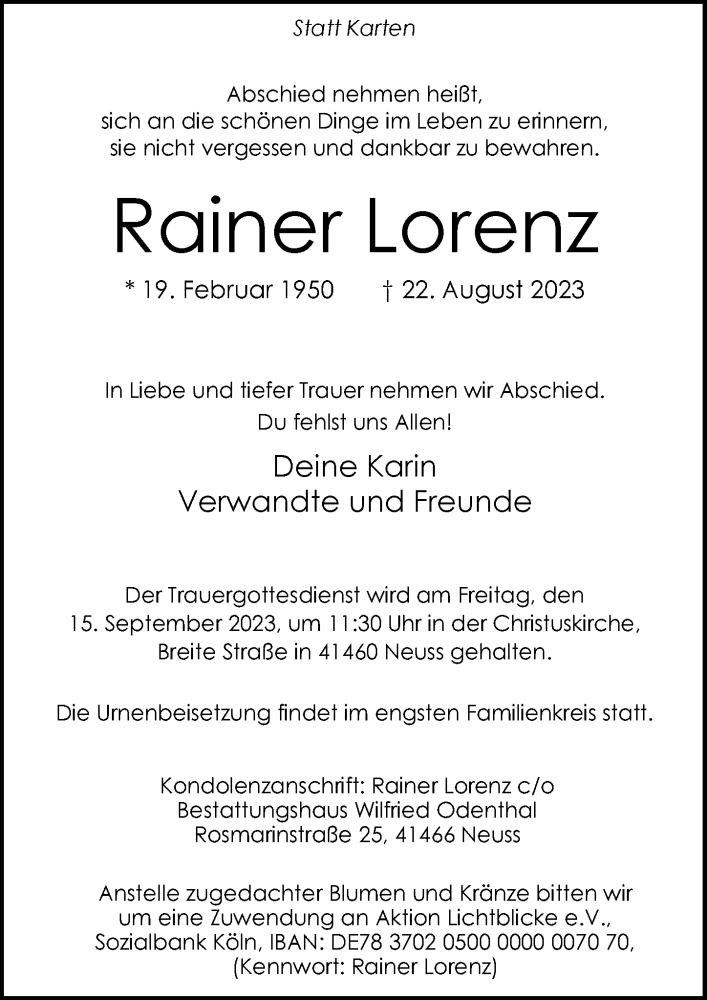  Traueranzeige für Rainer Lorenz vom 09.09.2023 aus Rheinische Post