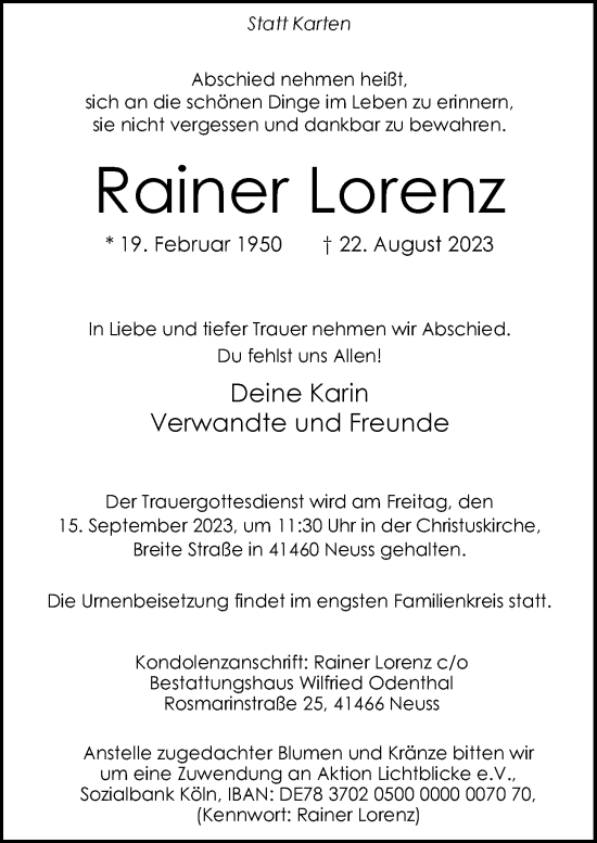 Traueranzeige von Rainer Lorenz von Rheinische Post
