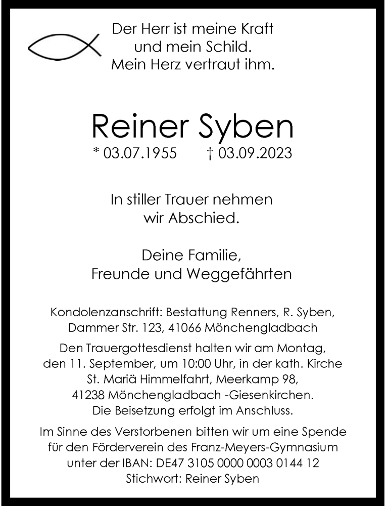  Traueranzeige für Reiner Syben vom 09.09.2023 aus Rheinische Post