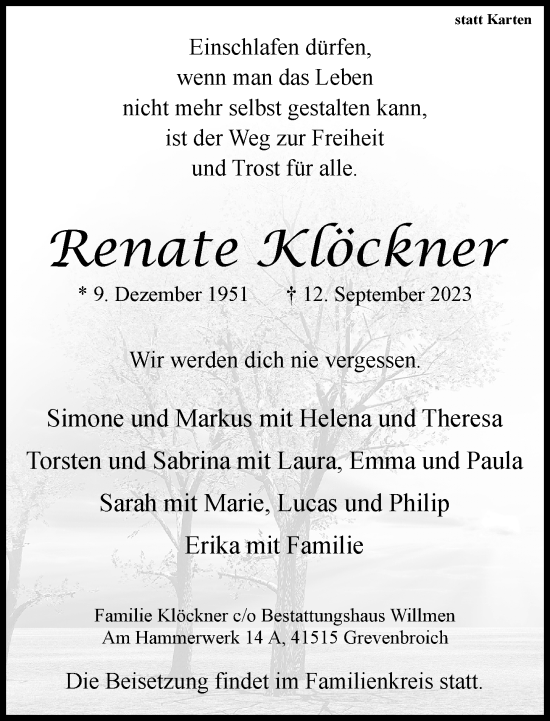 Traueranzeige von Renate Klöckner von Rheinische Post
