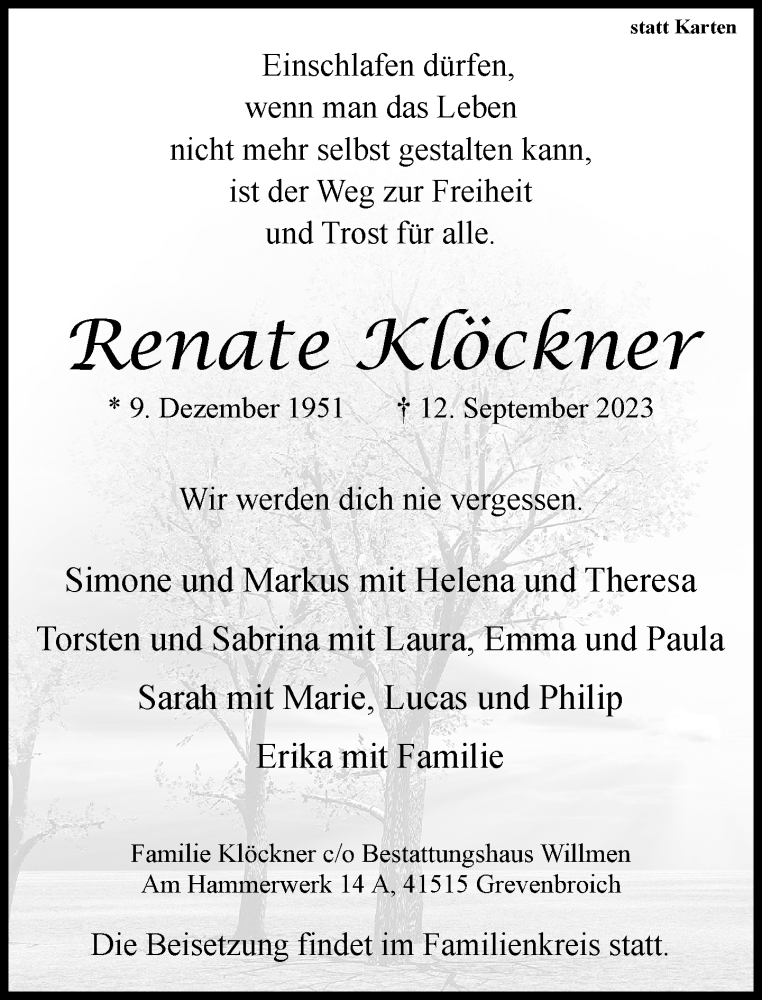  Traueranzeige für Renate Klöckner vom 16.09.2023 aus Rheinische Post