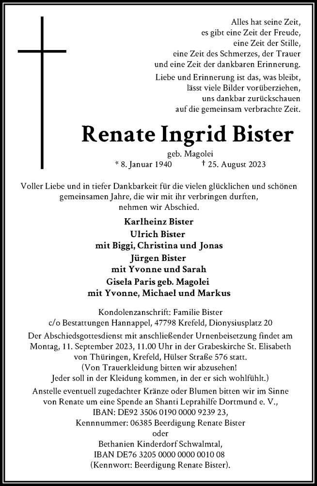  Traueranzeige für Renate Ingrid Bister vom 02.09.2023 aus Rheinische Post