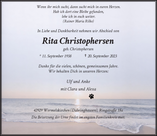 Traueranzeige von Rita Christophersen von Rheinische Post
