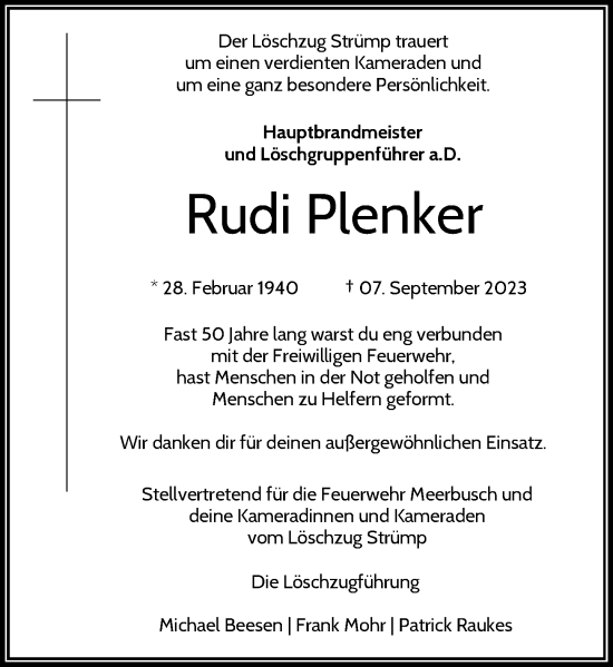 Traueranzeige von Rudi Plenker von Rheinische Post