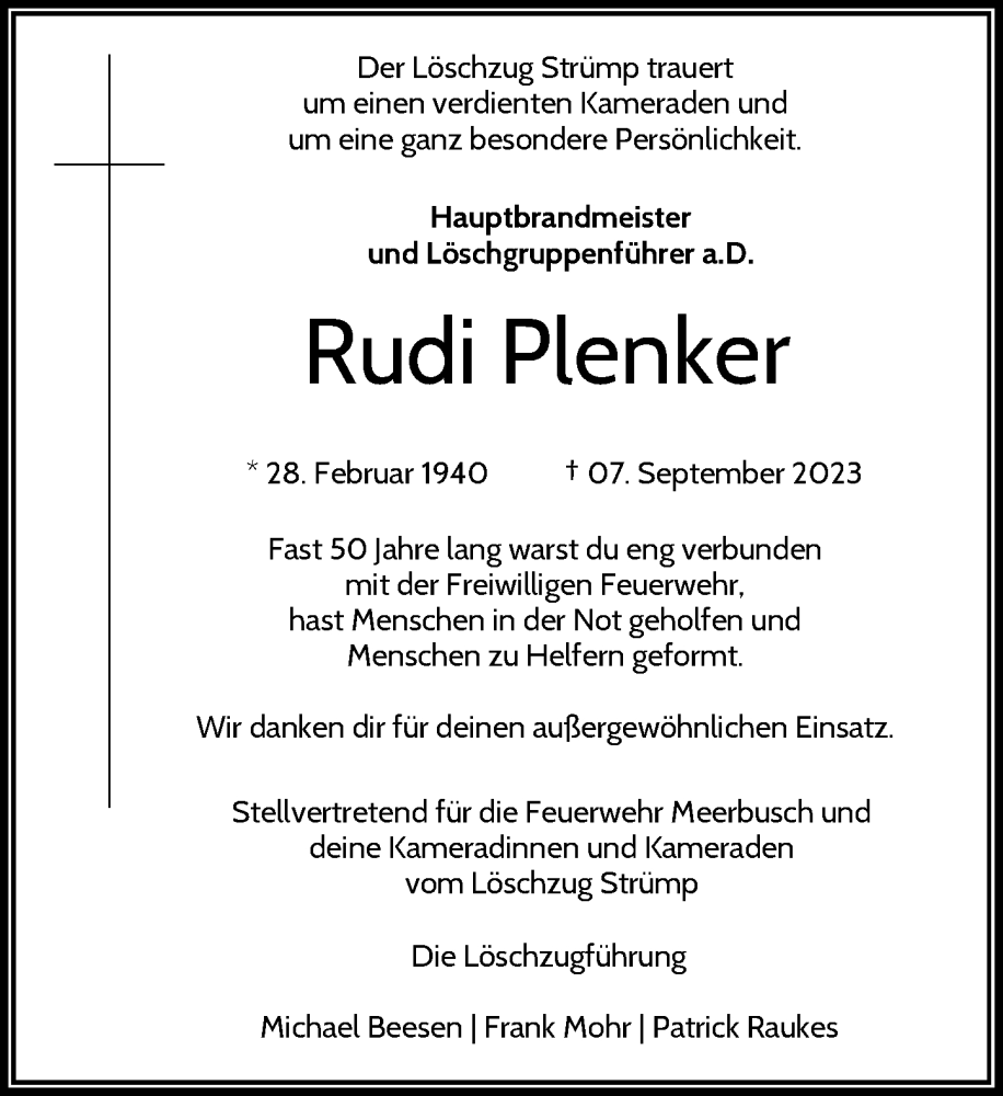  Traueranzeige für Rudi Plenker vom 16.09.2023 aus Rheinische Post