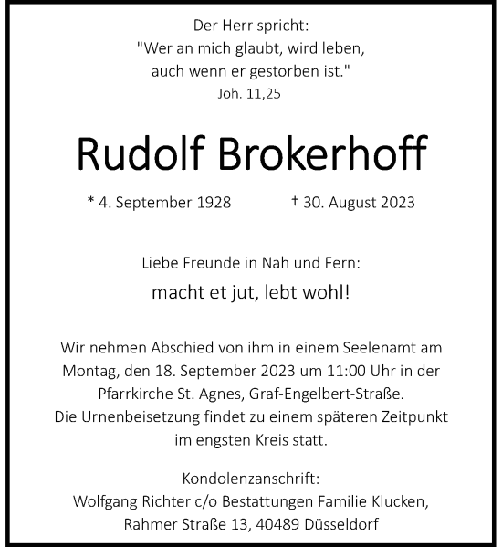 Traueranzeige von Rudolf Brokerhoff von Rheinische Post