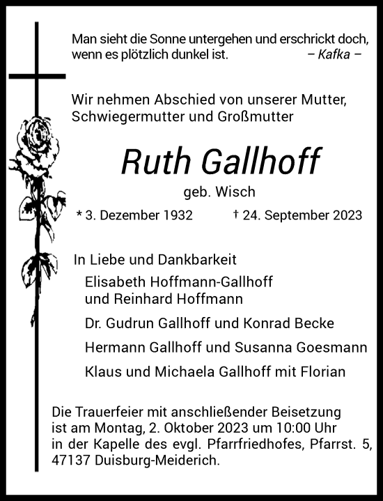 Traueranzeige von Ruth Gallhoff von Rheinische Post