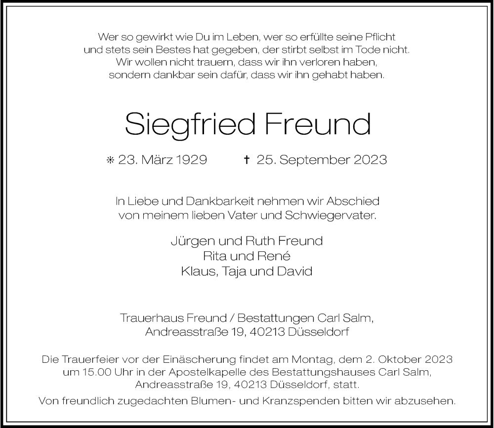  Traueranzeige für Siegfried Freund vom 30.09.2023 aus Rheinische Post