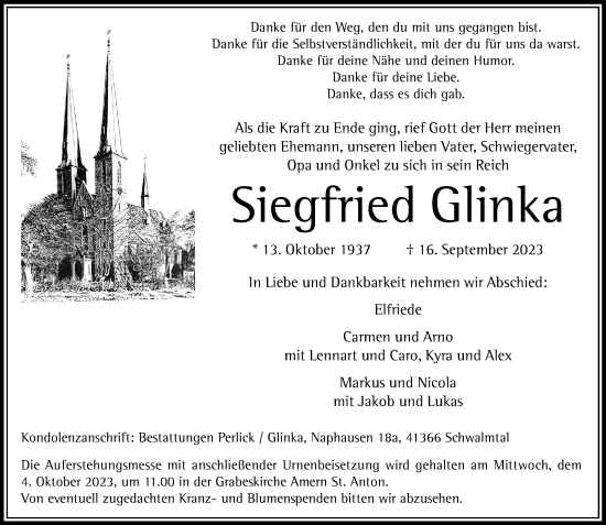 Traueranzeige von Siegfried Glinka von Rheinische Post