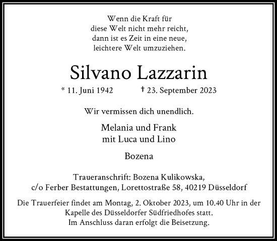 Traueranzeige von Silvano Lazzarin von Rheinische Post