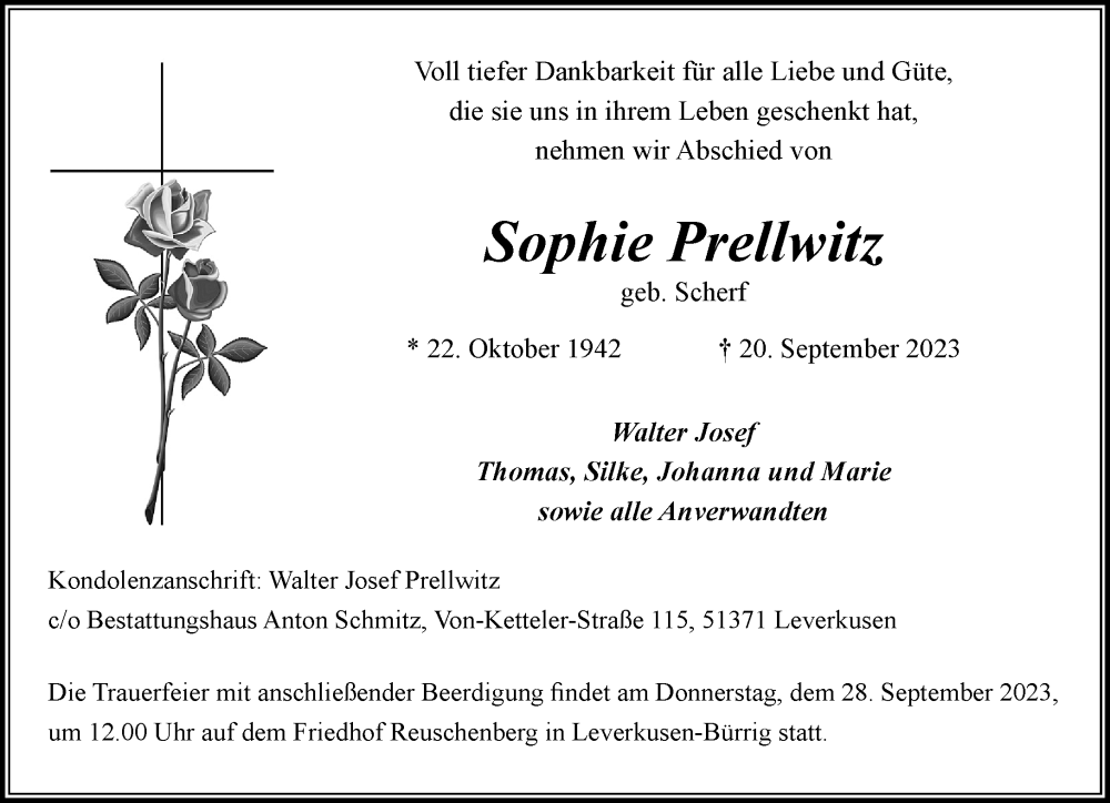  Traueranzeige für Sophie Prellwitz vom 26.09.2023 aus Rheinische Post