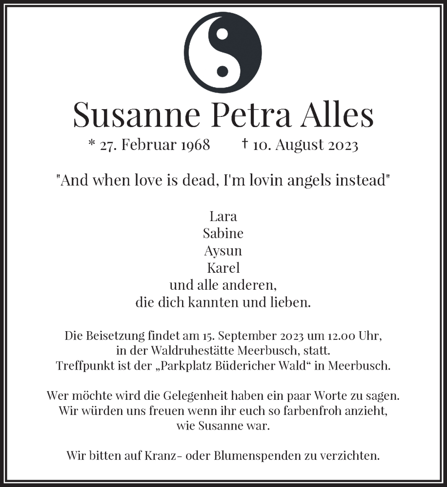  Traueranzeige für Susanne Petra Alles vom 02.09.2023 aus Rheinische Post