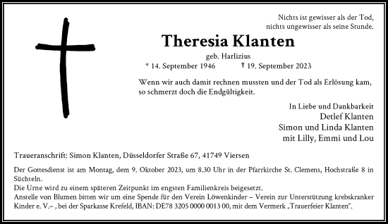 Traueranzeige von Theresia Klanten von Rheinische Post