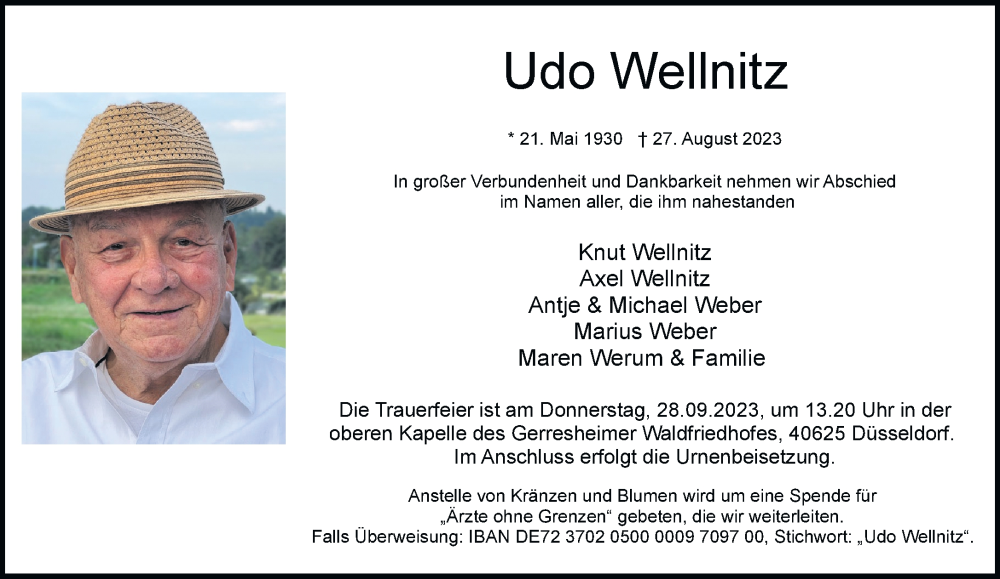  Traueranzeige für Udo Wellnitz vom 16.09.2023 aus Rheinische Post