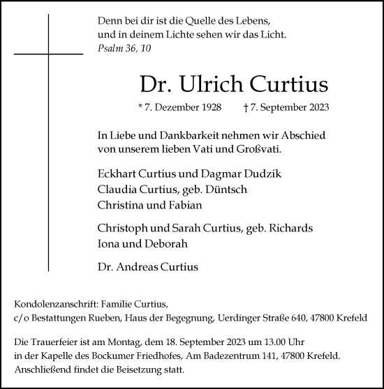 Traueranzeige von Ulrich Curtius von Rheinische Post