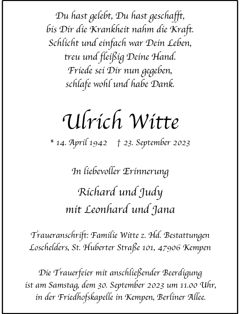 Traueranzeige für Ulrich Witte vom 27.09.2023 aus Rheinische Post