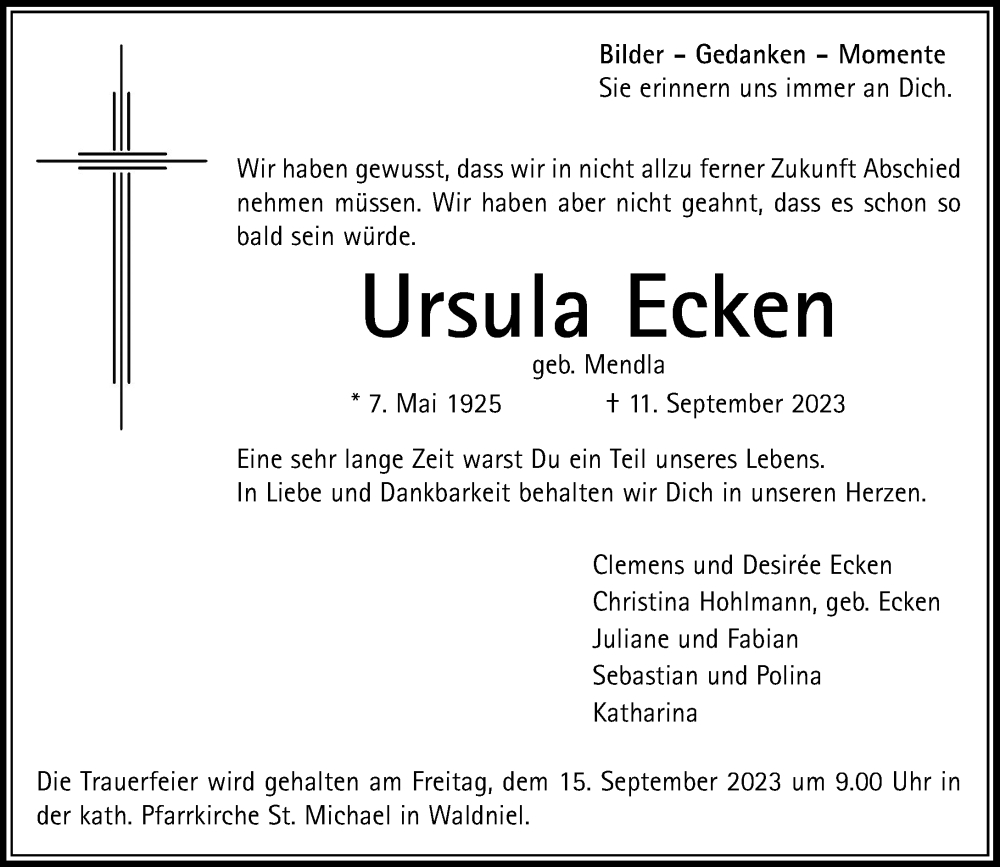  Traueranzeige für Ursula Ecken vom 13.09.2023 aus Rheinische Post