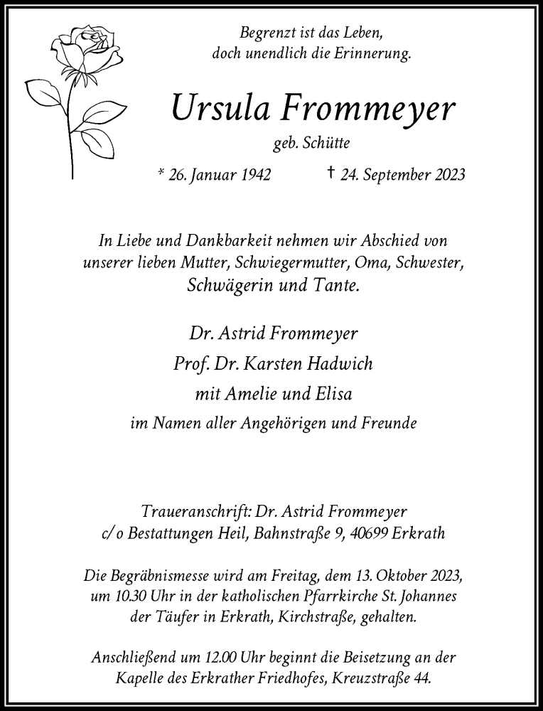  Traueranzeige für Ursula Frommeyer vom 30.09.2023 aus Rheinische Post