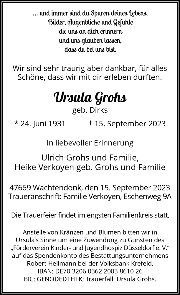  Traueranzeige für Ursula Grohs vom 23.09.2023 aus Rheinische Post