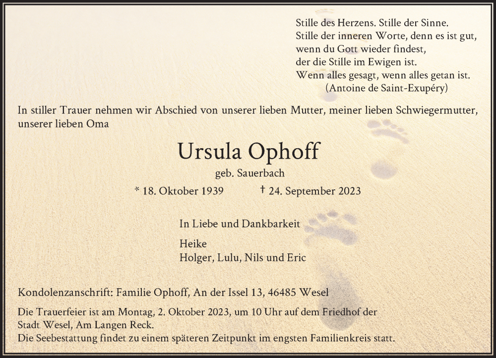  Traueranzeige für Ursula Ophoff vom 27.09.2023 aus Rheinische Post