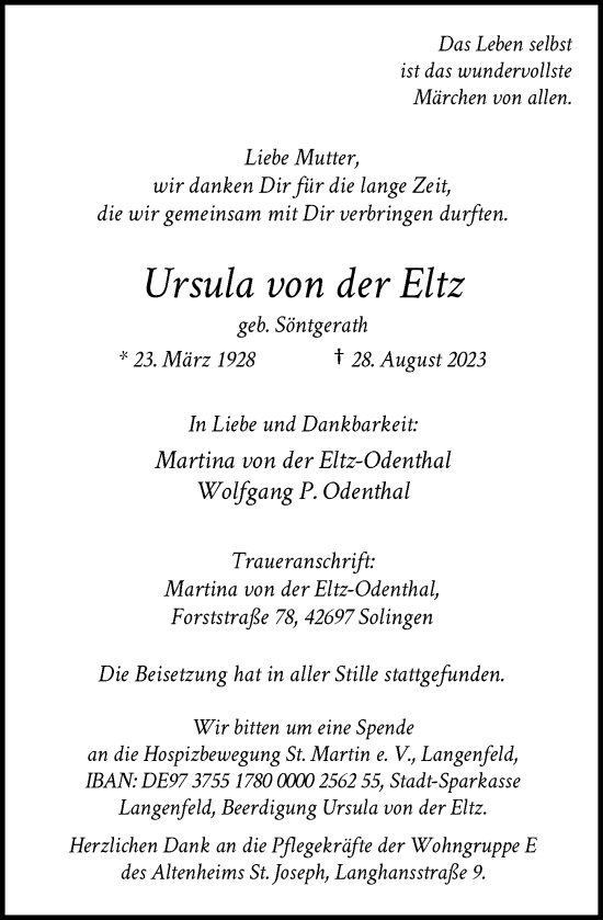 Traueranzeige von Ursula von der Eltz von Rheinische Post