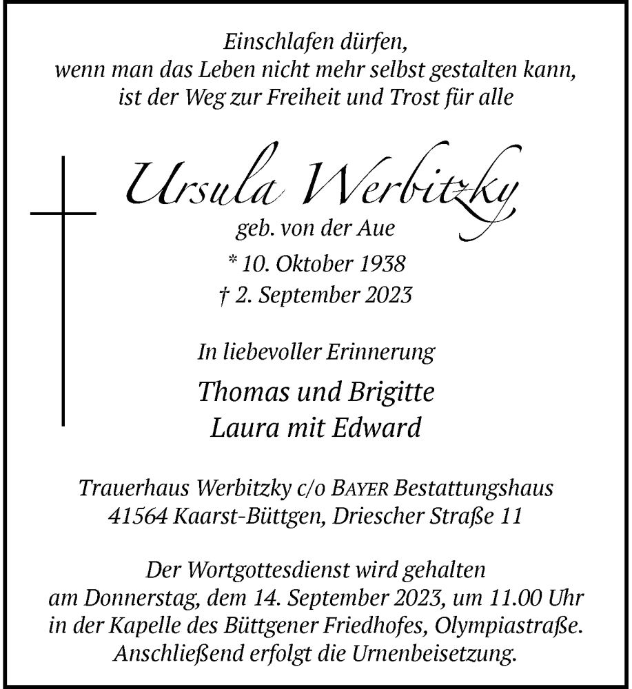  Traueranzeige für Ursula Werbitzky vom 09.09.2023 aus Rheinische Post