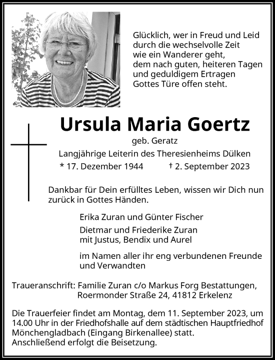 Traueranzeige von Ursula Maria Goertz von Rheinische Post