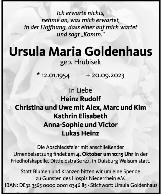 Traueranzeige von Ursula Maria Goldenhaus von Rheinische Post