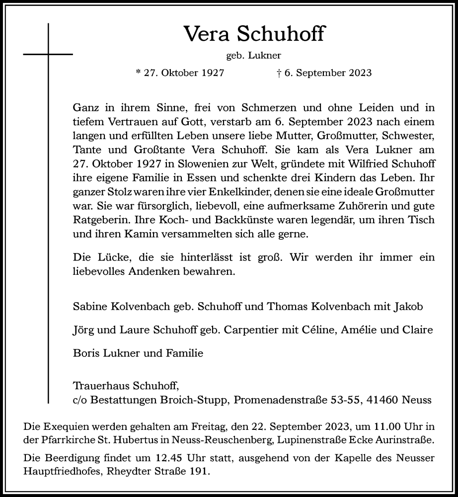  Traueranzeige für Vera Schuhoff vom 16.09.2023 aus Rheinische Post