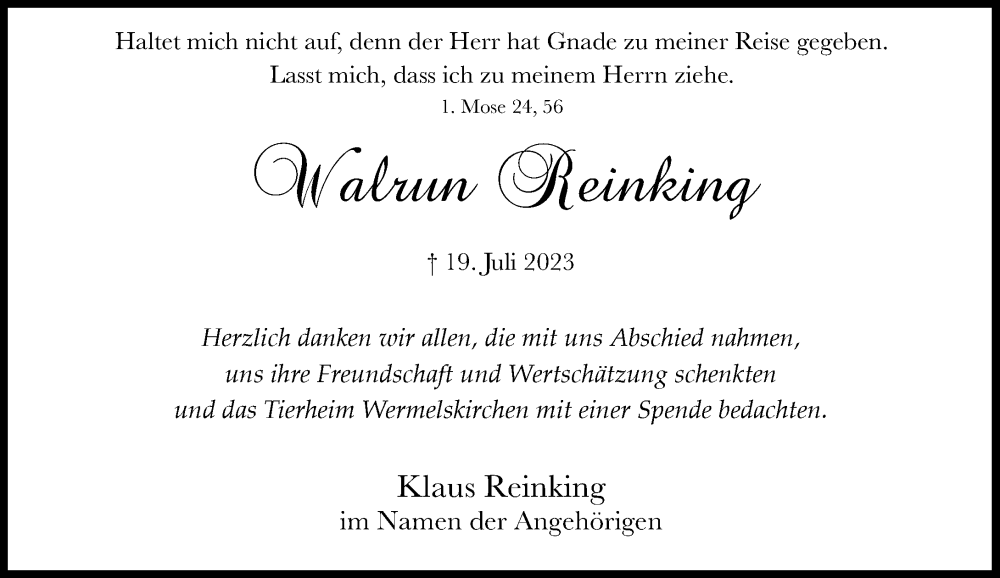  Traueranzeige für Walrun Reinking vom 09.09.2023 aus Rheinische Post