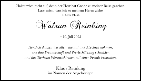 Traueranzeige von Walrun Reinking von Rheinische Post