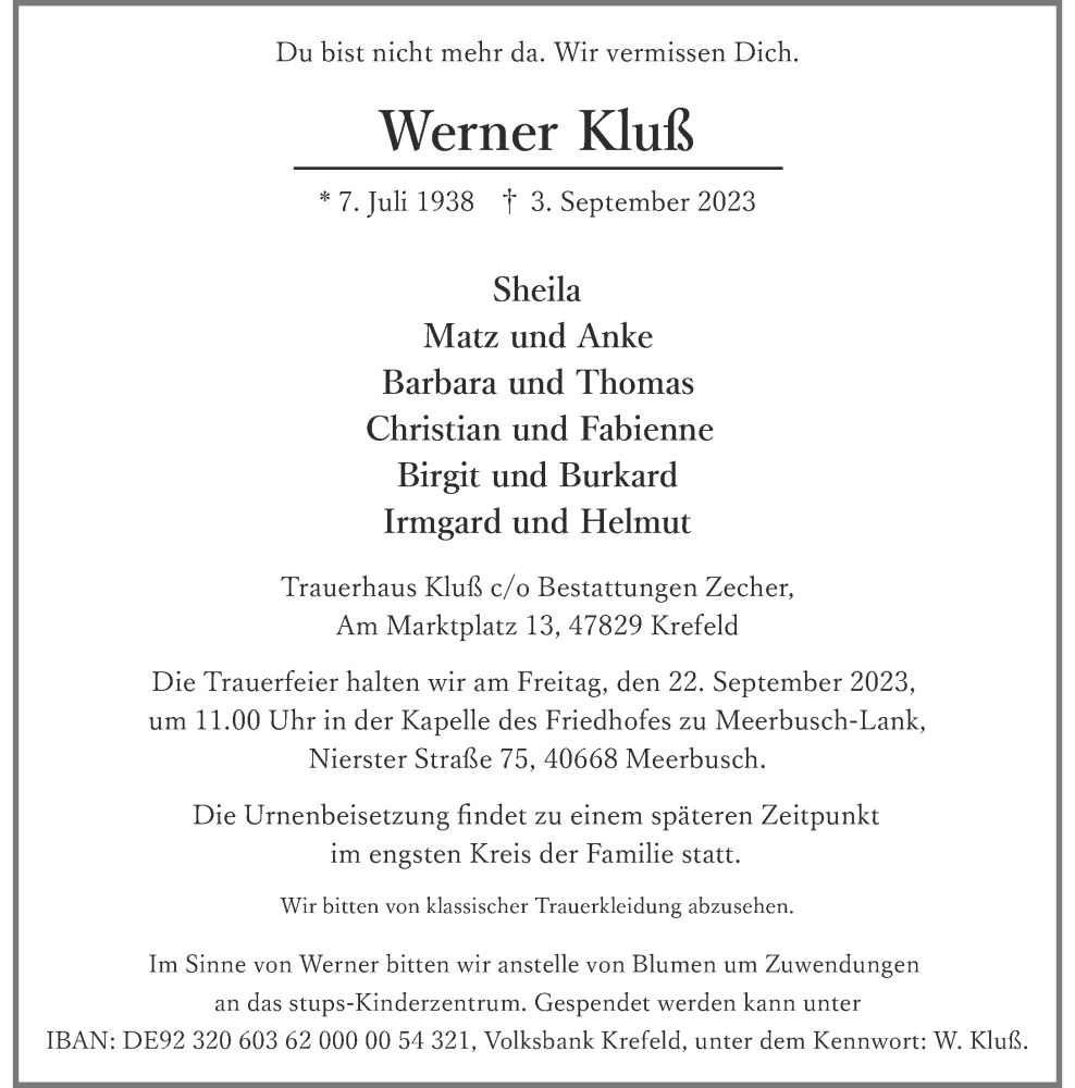  Traueranzeige für Werner Kluß vom 16.09.2023 aus Rheinische Post