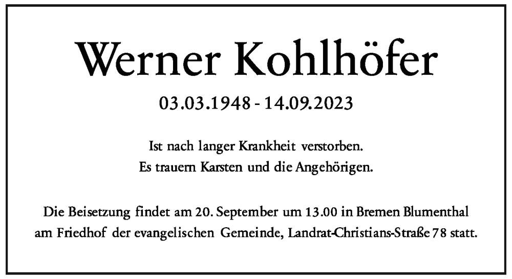  Traueranzeige für Werner Kohlhöfer vom 18.09.2023 aus Rheinische Post