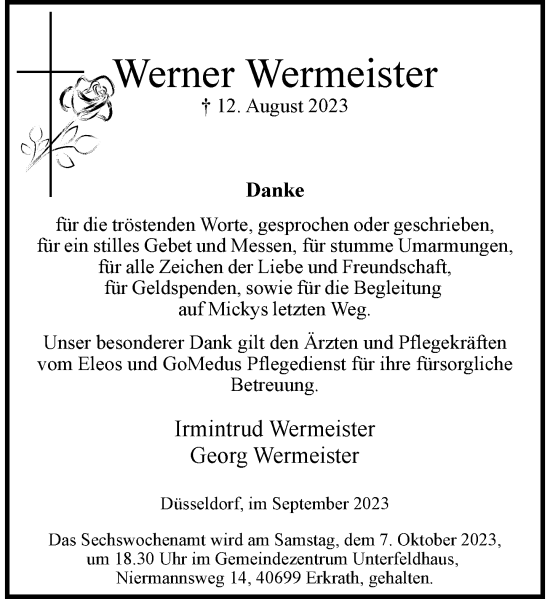 Traueranzeige von Werner Wermeister von Rheinische Post