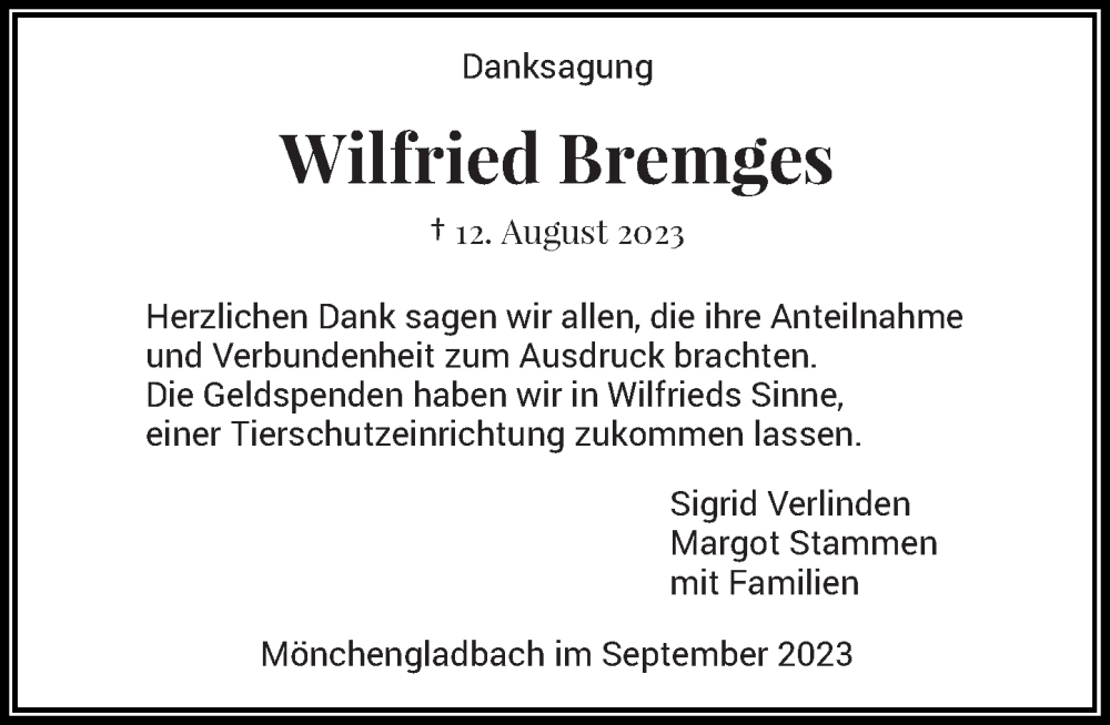  Traueranzeige für Wilfried Bremges vom 30.09.2023 aus Rheinische Post