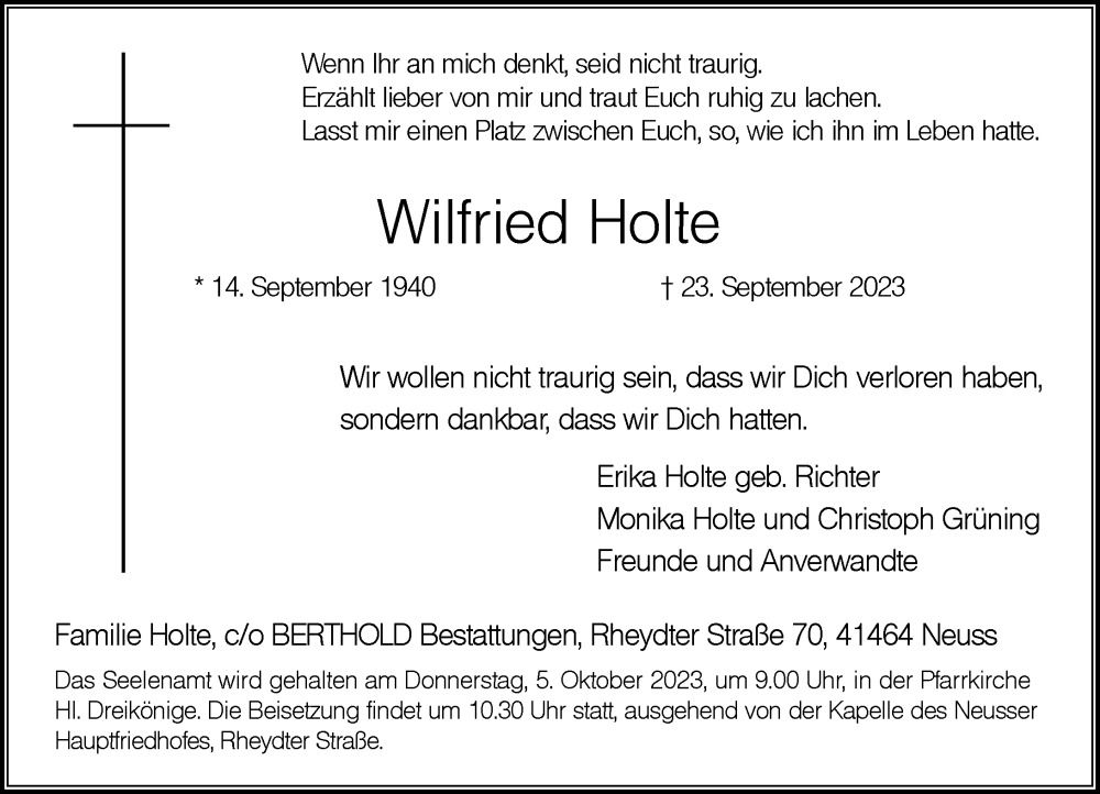  Traueranzeige für Wilfried Holte vom 29.09.2023 aus Rheinische Post