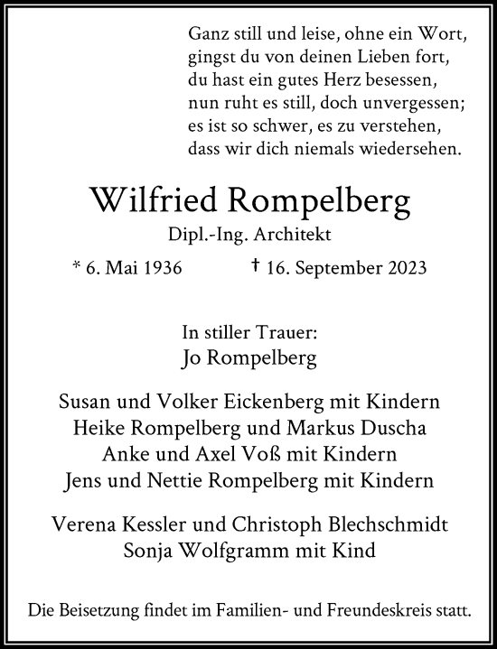 Traueranzeige von Wilfried Rompelberg von Rheinische Post