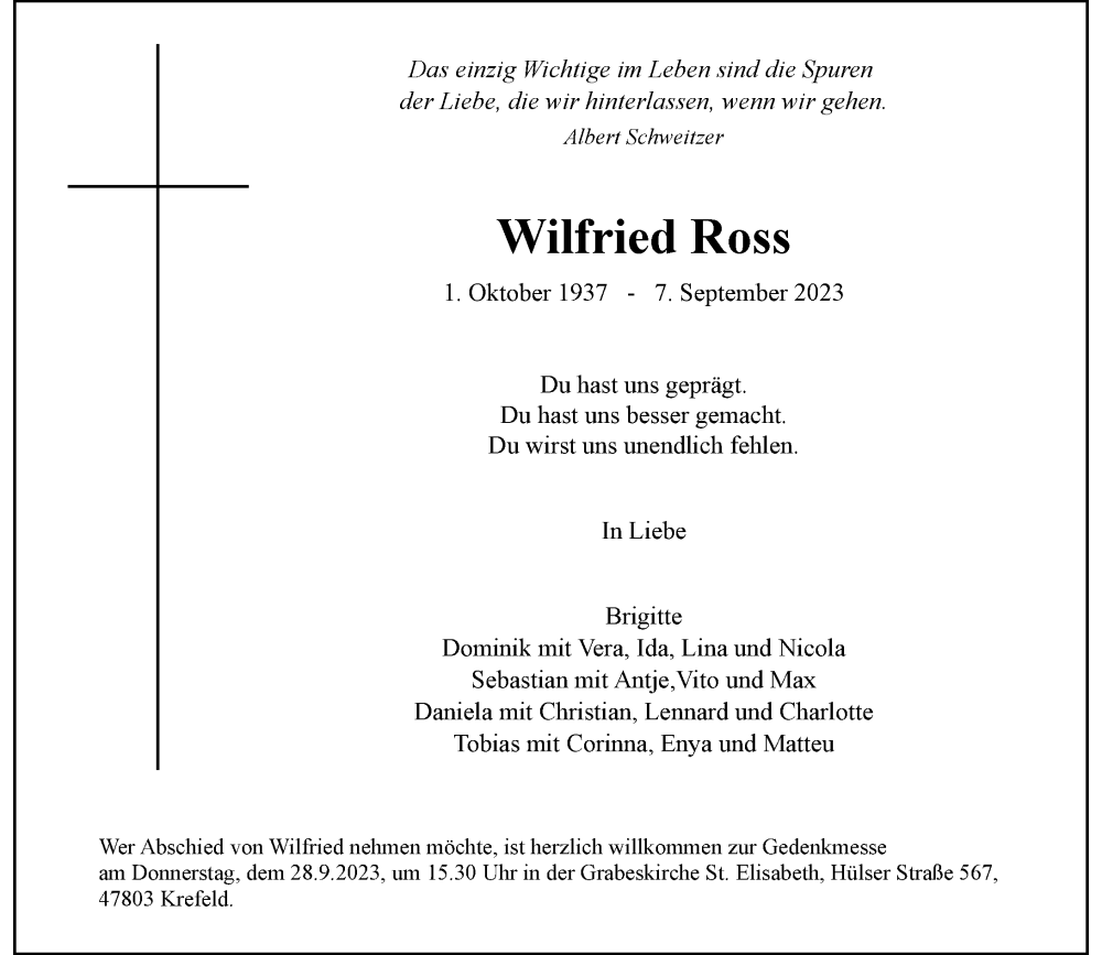  Traueranzeige für Wilfried Ross vom 16.09.2023 aus Rheinische Post