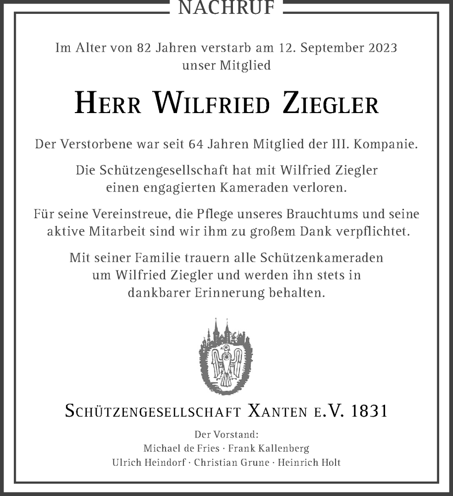  Traueranzeige für Wilfried Ziegler vom 23.09.2023 aus Rheinische Post