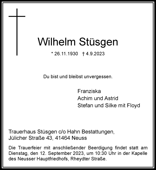 Traueranzeige von Wilhelm Stüsgen von Rheinische Post