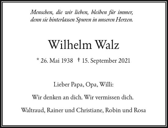 Traueranzeige von Wilhelm Walz von Rheinische Post