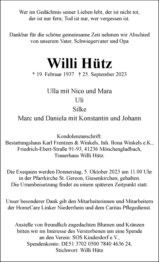 Traueranzeige von Willi Hütz von Rheinische Post