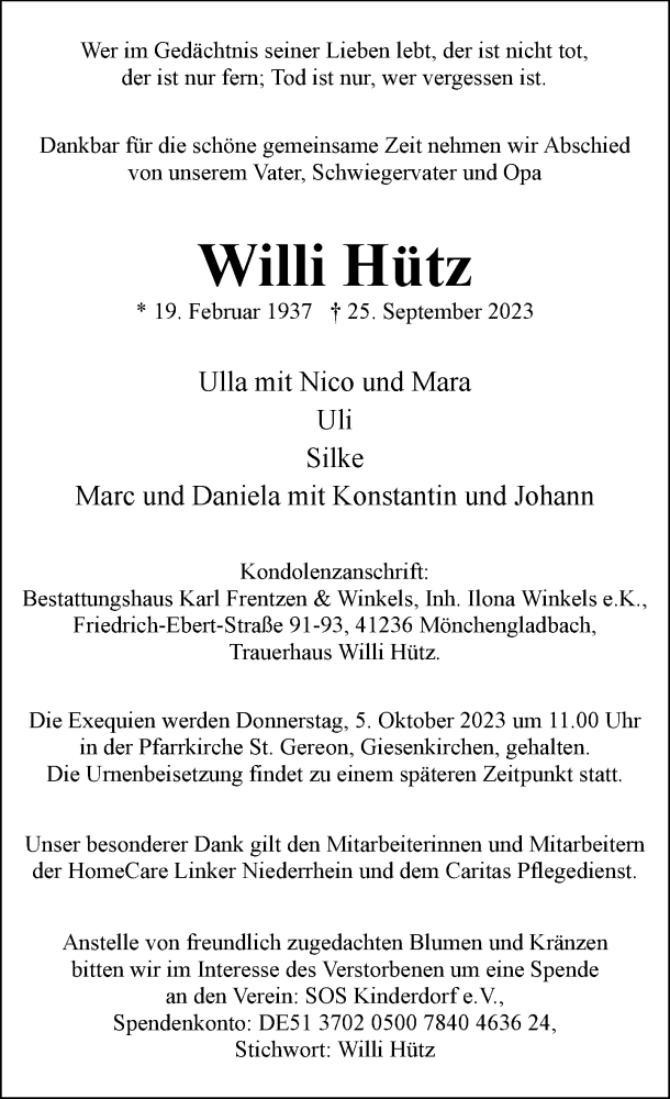  Traueranzeige für Willi Hütz vom 30.09.2023 aus Rheinische Post