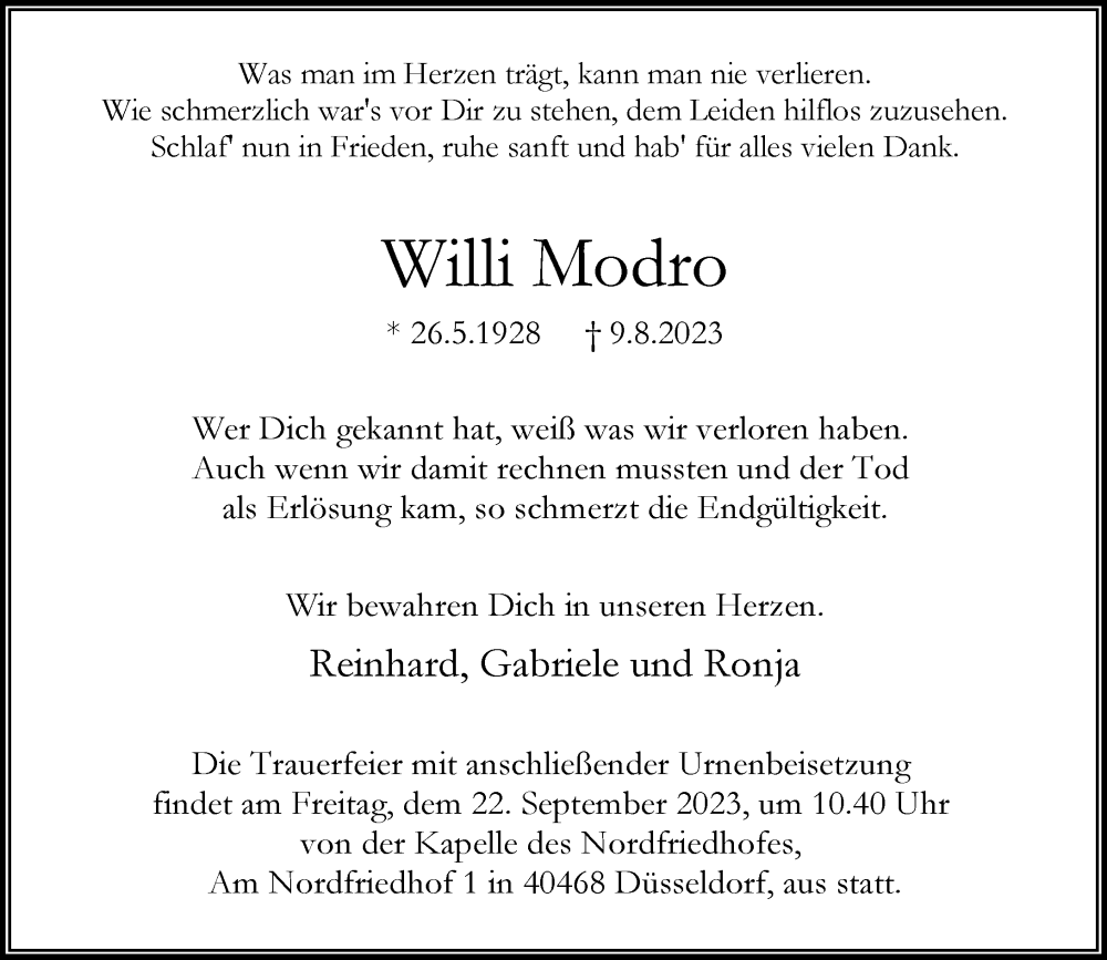 Traueranzeige für Willi Modro vom 16.09.2023 aus Rheinische Post