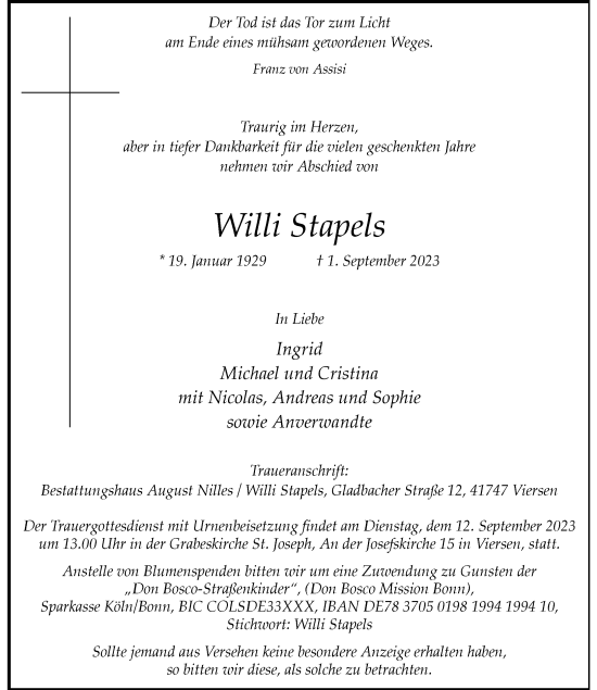 Traueranzeige von Willi Stapels von Rheinische Post