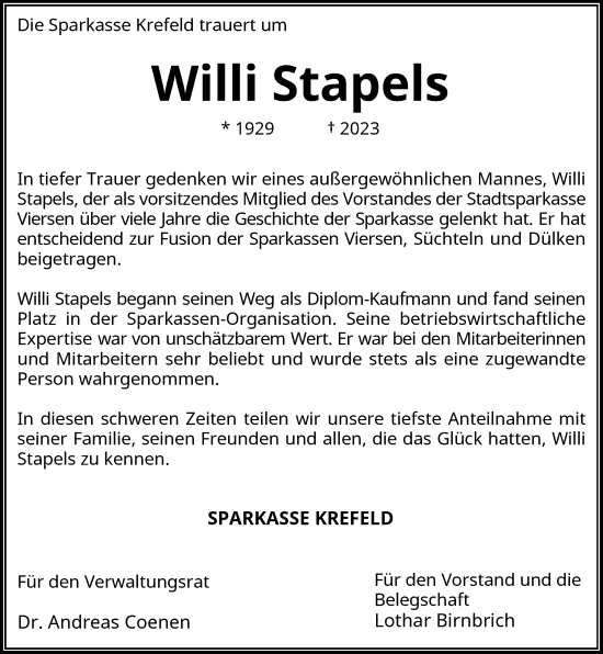 Traueranzeige von Willi Stapels von Rheinische Post