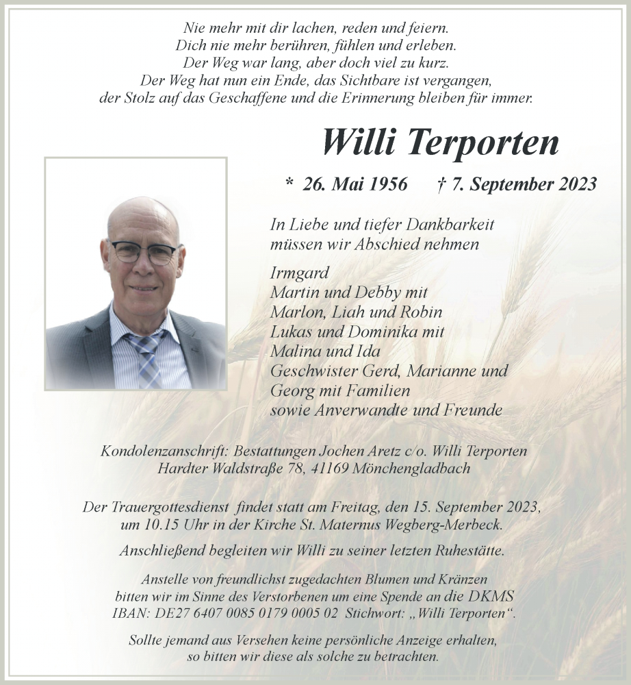  Traueranzeige für Willi Terporten vom 09.09.2023 aus Rheinische Post